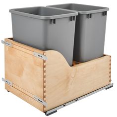 two plastic bins sitting on top of a wooden box