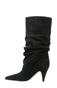 A slouchy shaft adds contemporary appeal to a supple suede boot balanced by a pointy toe and tapered heel. 2 3/4" heel 10 3/4" shaft Leather upper/textile and synthetic lining/synthetic sole Imported Chic Heeled Boots With High Shaft And Medium Width, Pointed Toe Heeled Boots With Suede Lining, Chic Fitted Suede Boots, Chic Winter Wedge Boots With Reinforced Heel, Suede Wide Calf High Heel Mid-calf Boots, Wide Calf Suede Mid-calf Boots With High Heel, High Heel Wide Calf Suede Mid-calf Boots, Chic Suede Boots With Sculpted Heel, Suede Boots With Sculpted Heel For Work