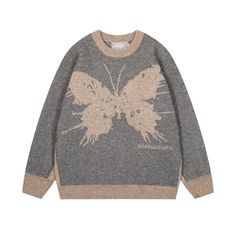 Aloha Shaka Butterfly Sweater - h0neybear Crochet Sweater Butterfly, Butterfly Print Relaxed Fit Crew Neck Top, Cotton Crew Neck Top With Butterfly Print, Butterfly Sweater Black, Old Aesthetic, Butterfly Crewneck, Butterfly Sweater, Beige Sweater, Jumper Sweater