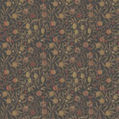 an image of a wallpaper pattern with leaves and berries on dark brown background,