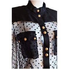 Long Sleeve Black Polka Dot Silk Shirt - Balmain - Runway Catalog Tweed Shorts, Strong Shoulders, Double Breasted Jacket, Somali, Black Polka Dot, Silk Shirt, Black Silk, High Collar, Myanmar