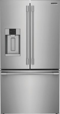 a stainless steel refrigerator freezer with the door ajar and water dispenser