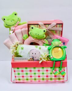 a gift box filled with stuffed animals and toys