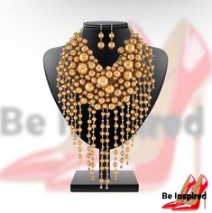 Womens Gold Pearl Necklace Set Party Jewelry With Dangling Pearl Beads, Elegant Bib Necklace With Beaded Chain, Gold Pearl Jewelry With Dangling Beads, Costume Jewelry With Round Beads Chain, Gold Necklace With Beaded Chain For Party, Gold Beaded Party Jewelry, Elegant Dangle Bib Necklaces, Elegant Dangle Bib Necklace, Elegant Dangle Beaded Chain Necklaces