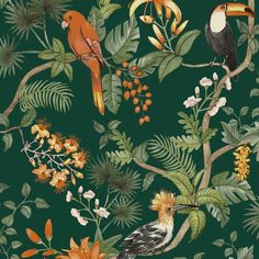 a green background with birds, flowers and leaves