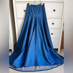 Size Small. Custom Designed. Fitted Dark Wash Denim Maxi Skirt, Fitted Denim Blue Maxi Skirt, Chic Fitted Medium Wash Maxi Skirt, Fitted Denim Maxi Skirt In Medium Wash, Fitted High Waist Denim Maxi Skirt, Fitted High Rise Blue Maxi Skirt, Fitted Denim Blue Wide Leg Skirt, High-rise Blue Denim Maxi Skirt, Fitted Wide Leg Denim Blue Skirt