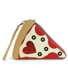 Experience culinary fashion with this Pepperoni Slice Pizza Wristlet! This saucy accessory comes loaded with all the fixin's: a zesty pepperoni topping and a crust-shaped purse. Rock the flavor of pizza wherever you go! (Try not to let your style slide-r too much). Glitter sauce and pepperoni hearts?! If this were real Olive Pizza, Slice Pizza, Cute Pizza, I Love Pizza, Vinyl Bag, Pizza Slice, Novelty Bags, Pizza Party, Pop Design