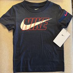 New With Tags Nike Navy T-shirt With Graphic Print, Nike Navy Tops With Letter Print, Pre-shrunk Blue Nike Tops, Basketball Tee Shirts, Tops Nike, Tennis Tops, Nike Dri Fit Shorts, Nike Boy, Red Nike