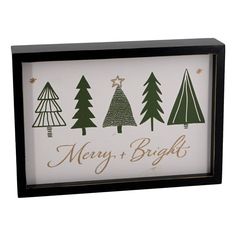 a christmas card with three trees and merry bright written on it