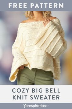 a woman wearing an off the shoulder sweater with text overlay that reads cozy big bell knitsweater