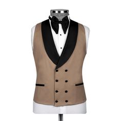 Package Includes: 1 x Jacket - 1 x Waistcoat - 1 x Pant

Upgrade your formal wardrobe with our Brown Tuxedo with Black Lapel, crafted from premium 120s fabric and luxurious silk lining for year-round comfort. Featuring a plain pattern, black fabric buttons, and a half-canvas construction, this tuxedo offers a perfect tailored fit. The shawl lapel jacket includes two diagonal pockets and a single button closure, while the shawl lapel waistcoat boasts an 8-button double-breasted design. Paired wit Tailored Satin Blazer For Semi-formal Occasions, Semi-formal Satin Outerwear With Lapel Collar, Classic Satin Suits For Semi-formal Occasions, Classic Formal Satin Blazer, Classic Satin Blazer For Formal Occasions, Classic Satin Formal Blazer, Classic Tailored Satin Suits, Classic Satin Business Suit, Classic Fitted Satin Blazer