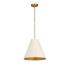 a white and gold pendant light hanging from a ceiling fixture with a chain attached to it