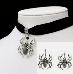 Spider Necklace & Earrings Set. Black Velvet Choker Necklace. Spiders Are Silvertone Alloy W/Antique Finish. Necklace Is Adjustable. Earrings Are Hook Style Posts. Silver Alloy Earrings For Evening, Silver Alloy Jewelry For Evening, Halloween Metal Choker Jewelry, Metal Halloween Choker Jewelry, Alloy Pendant Jewelry For Parties, Elegant Black Alloy Jewelry, Black Alloy Halloween Jewelry, Black Alloy Jewelry For Halloween, Silver Metal Jewelry Sets For Evening