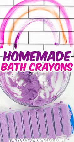 homemade bath crayons in a bowl next to a brick wall with text overlay that reads homemade bath crayons