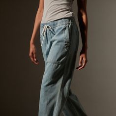 Wide Leg Pull On Denim Pant - Bleach Wash | James Perse Los Angeles Denim Blue Relaxed Fit Pants For Everyday, Relaxed Fit Denim Blue Pants For Everyday, Relaxed Light Wash Jeans, Relaxed Denim Pants For Spring, Relaxed Mid-rise Cotton Jeans, Relaxed Mid-rise Everyday Pants, Denim Blue Relaxed Fit Denim Pants, Washed Blue Relaxed Fit Tapered Leg Pants, Relaxed Fit Denim Blue Denim Pants