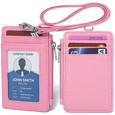 a pink id card holder with a lanyard attached to the front and side of it