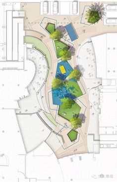 an architectural drawing shows the ground plan for a park with trees and swimming pooles