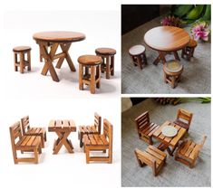 four different views of small wooden chairs and tables with one table made out of wood