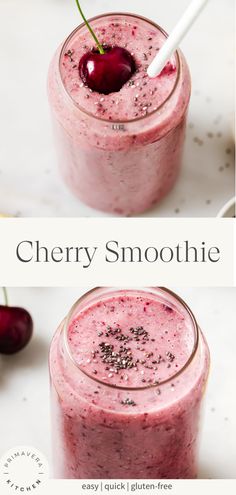 cherry smoothie in a mason jar with a straw and cherries on the top