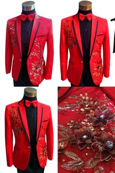 Men Suits Set Sequins Embroidered Host Wedding Suit Spring Wedding Suits With Long Sleeves, Spring Wedding Long Sleeve Suits, Elegant Red Wedding Sets, Red Suits For Winter Wedding, Red Fitted Suits For Wedding, Fitted Red Embellished Sets, Embellished Fitted Sets For Ceremony, Traditional Fitted Red Blazer, Elegant Long Sleeve Christmas Blazer