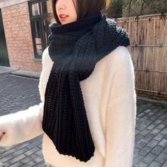 Winter Thick Warm Knitted Khaki Kadies Scarves Korean Yellow Female Knitting Scarf Black-One Size-190cm--35cm Korean Scarf, Scarf Korean, Random Accessories, Hp Aesthetic, Knitting Scarf, Korean Winter, Ladies Room, Chunky Scarf, Chunky Scarves