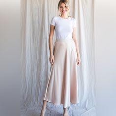 Long Satin Circle Skirt Back Stretch-Band Waistline Unlined And Lightweight Color Is Champagne Fabric Contents: Champagne Fabric, Long Satin Skirt, Back Stretches, Stretch Band, Stretch Bands, Satin Skirt, Circle Skirt, Champagne, Womens Skirt