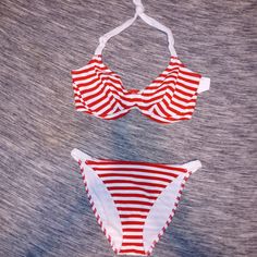 Freya -Description: Women's 2 Piece Striped Red & White Bikini. Material Is Textured, See Up Close Photos. Braided Detail On Ties On The Top And On The Bottoms. Fhdbtop Has Underwire Support & Ties Around The Neck & Also Clips In Back. See Photos. -Size: Small Bottoms For Top- See Photos, However, You Must Know Your Top Size In This Brand. -Color Red & White -Condition: New With Tags Red Lined Swimwear For Summer, Lined Red Swimwear For Beach Season, Red Lined Swimwear For Beach Season, Red Lined Swimwear For Vacation, Fitted White Swimwear For Holiday, White Texture, Clip Ins, Red Color, Womens Swim