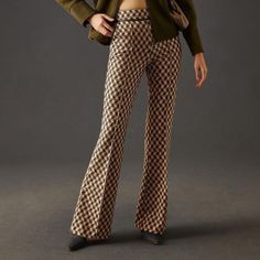 Maeve High-Rise Flare Pants 82% Viscose, 13% Nylon, 5% Elastane Front Slant Pockets Pull-On Styling Tweed Fabric Flared Leg Cut Houndstooth Print, Jacquard, Argyle Print, Checkered Pattern, High Rise Waist Machine Wash Imported Retro High-waisted Pants For Fall, Fall Retro High-waisted Pants, Mid-rise Brown Wide Leg Pants For Fall, Retro Wide Leg Pants For Work In Fall, Fitted Wide Leg Pants With Pockets For Fall, Chic Brown Mid-rise Bottoms, Brown Fitted Dress Pants For Fall, Fitted Brown Dress Pants For Fall, Retro Straight Leg Pants For Fall