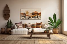 a living room filled with lots of furniture and potted plants on top of wooden floors