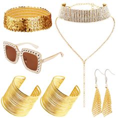 PRICES MAY VARY. 70s Disco Set:you will get 1 piece brown Oversize Square Sparkling Sunglasses,2 piece of golden metal earrings,1 piece gold color disco layered necklace,1 piece gold color glitter headband and 2 pieces Golden Cuff Bangle Bracelets. Quality material:70's disco accessories are made of quality metal and palstic,the disco gold rock disco sunglasses are made of metal frame and the combination of brown glasses,nice gifts for you to share with your friends and family. Size:The shiny an Summer Party Metal Jewelry, Glamorous Gold Jewelry Sets For Evening, Costume Party Jewelry In Metal, Party Costume Jewelry In Metal, Costume Jewelry For Party In Metal, Adjustable Jewelry For Summer Party, Costume Jewelry For Parties, Costume Jewelry Metal Sets For Party, Adjustable Metal Jewelry For Party