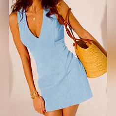 This Dress Fit Perfect And Is Flattering On Your Figure. The Color And Material Are Nice. It's A Classic Cut, So You Are Able To Wear It A Few Different Ways. -Size Small -Color Baby Blue Fitted Sleeveless Summer Dress In Light Blue, Chic Light Blue Sleeveless Mini Dress, Fitted Light Blue Sleeveless Summer Dress, Fitted Light Blue Sleeveless Dress For Vacation, Light Blue Sleeveless Mini Dress For Day Out, Light Blue Sleeveless Mini Dress For Vacation, Light Blue Sleeveless Mini Dress For Beach, Light Blue Sleeveless Mini Dress For The Beach, Chic Light Blue Mini Sleeveless Dress