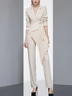 Product Details Introducing the Newest Designer Women's Fashion 2 Piece Pantsuit. This stylish set is perfect for any occasion. Crafted from polyester, it features a turn-down collar, mid waist, and a lace closure. The pants have a flat front style and provide a slim fit. The set is available in apricot and is perfect for the office or a night out. This chic set is perfect for the modern woman. It features a raglan sleeve, ankle-length pants, and a zipper fly. The fabric content is 51% to 70% an Outerwear Women Winter, Pant Suits For Women, Vintage Suit, Formal Wear Women, Womens Clothing Patterns, Office Outfits Women, Dressy Pants, Pantsuits For Women, Vintage Suits