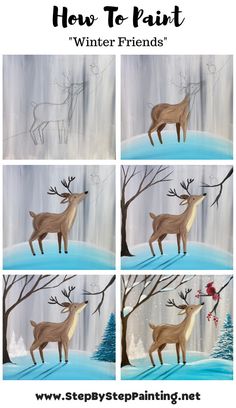 how to paint a deer in the winter with step by step painting instructions for kids