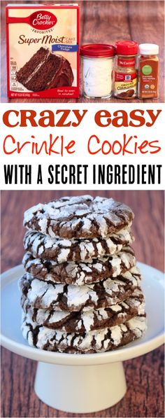 the recipe for crazy easy crinkle cookies with a secret ingredient is shown here