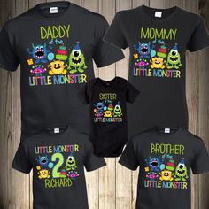 three matching shirts for the little monster birthday party