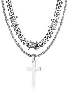 PRICES MAY VARY. 🖤 Necklaces Set: 20 Inches Silver Color Barbed Wire Choker + 22 Inches Cross Pendant Necklace 🖤 Top Quality Material: NO ALLOY---Made with durable 316L stainless steel, superb plating on surface, no color-fading, friendly to skin, you will feel the weight and texture. 🖤 Made for both women and men who are favor of gothic punk style, or have a fierce strong personality, it will be a great matching daily jewelry. 🖤 Dimension: Barbed wire chain width: 9mm, length: 20"+2"(50.8cm Barbed Wire Jewelry, Skull Choker, Wire Choker Necklace, Wire Choker, Cuban Necklace, Necklaces Set, Necklace Top, Strong Personality, Daily Jewelry