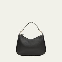 Valentino Garavani hobo bag in calfskin leather with Rockstud trim  Detachable shoulder strap  Zip top closure  Interior, one slip pocket  Approx. 11"H x 14.1"W x 2.3"D Made in Italy Evening Hobo Bag With Gunmetal Hardware In Satchel Shape, Crossbody Hobo Bag With Gunmetal Hardware For Evening, Gunmetal Hardware Crossbody Hobo Bag For Evening, Evening Hobo Shoulder Bag With Gunmetal Hardware, Hobo Handbags, Zip Top, Hobo Bag, Valentino Garavani, Calf Skin