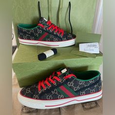 Size 12 Mens. Brand New Condition, Worn Once. Red Laces & Black Interchangeable Laces Included. Includes Box, Receipt, Wrapping Paper & Shoe Dust Bags Limited Edition Gucci Black Sneakers With Logo Print, Black Gucci Sneakers With Logo Print, Designer Red Gucci Sneakers, Paper Shoes, Modern Mural, Shoes Gucci, Real Men, Gucci Shoes, Black Laces