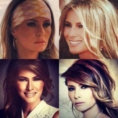 four different pictures of women with long hair and one has blonde hair, the other is brown