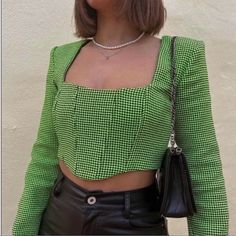 So Beautiful! Zara Neon Green/Black Houndstooth Bustier Crop Size M New With Tags! Never Worn No Damages Zipper On Side Shoulder Pads Length From Shoulder 14.5” Pit To Pit 16.5” Long Sleeve Corset Top, Green Corset, Top With Long Sleeves, Capes For Women, Black Houndstooth, Classy Work Outfits, Square Neck Top, Leopard Print Top, Crop Top Sweater