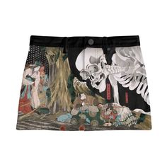 Step into a piece of art history with our Vintage Ukiyo-e Skeleton Pattern Denim Mini Skirt, a stunning fusion of traditional Japanese artwork and modern fashion. Featuring the iconic "Takiyasha the Witch and the Skeleton Spectre" by Utagawa Kuniyoshi, this skirt is a testament to our unique collaboration with the world's greatest museums, specifically the Honolulu Museum of Art. Features and Benefits: Premium Layla Stretch Cotton Denim: Crafted for comfort and flexibility, this high-quality str Giant Skeleton, Skeleton Pattern, Utagawa Kuniyoshi, Japanese Art Print, Dramatic Fashion, Iconic Artwork, Japanese Artwork, The Skeleton, Silky Blouse