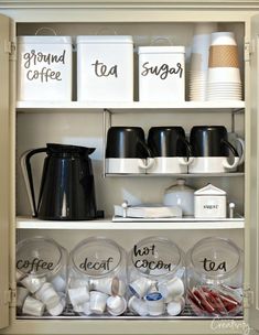 the coffee bar is organized and ready to be used