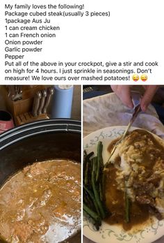 two pictures showing different types of food in the crock pot and on the plate