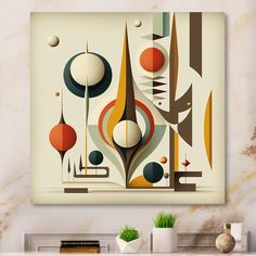 an abstract painting on the wall above a white shelf with vases and plants in it