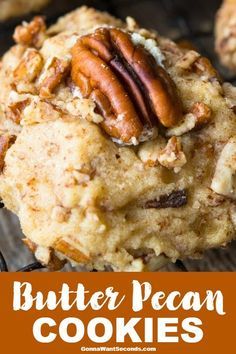 butter pecan cookies are stacked on top of each other with the words butter pecan cookies above them