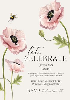 an image of a wedding card with pink flowers and a bee on the front, in watercolor