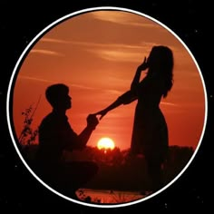 a man holding a woman's hand as the sun sets in the sky behind them