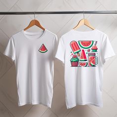 Dive into summer with our Watermelon Treats T-Shirt. This fun and fresh design features a small watermelon slice on the front and a delightful array of watermelon treats on the back, including popsicles, cupcakes, and smoothies. Perfect for those who love vibrant fruit graphics, this tee combines playful design with exceptional comfort. Key Features: Fun and Fresh Design: A small watermelon slice graphic on the front and a delightful array of watermelon treats on the back, perfect for showcasing Watermelon Tshirt, Fruit Design, Fresh Design, Summer Essentials, Playful Design, Casual Wardrobe, Summer Wardrobe, Fresh Fruit, Quality Fabric