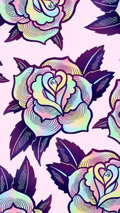 a pink and blue rose pattern on a light pink background with black leaves in the center