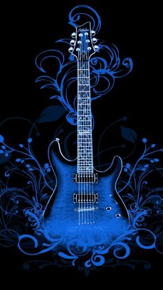 an electric guitar with blue swirls on it